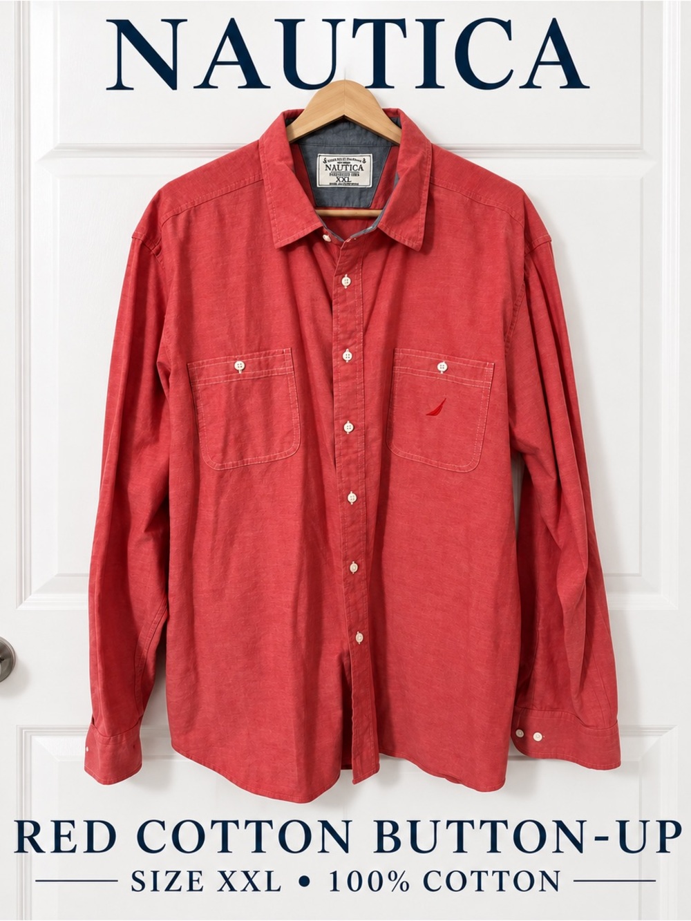 Nautica Men's Coral-Red Cotton Button-Down Shirt